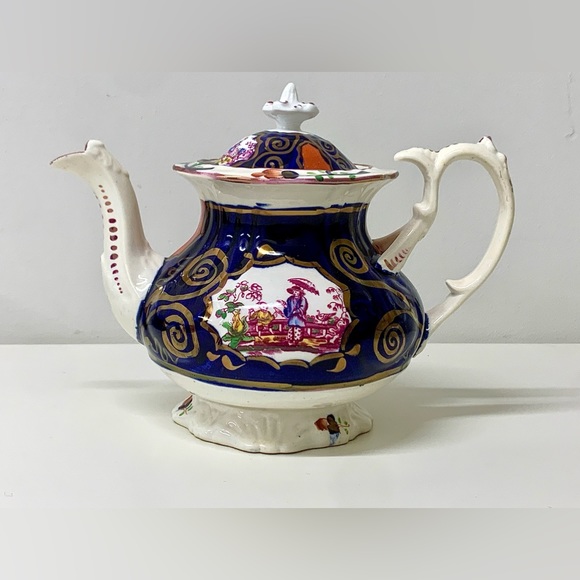1830s Vintage Gaudy Welsh CHINOISSERIE Pattern Finial Lidded Lustre Teapot - Picture 3 of 16
